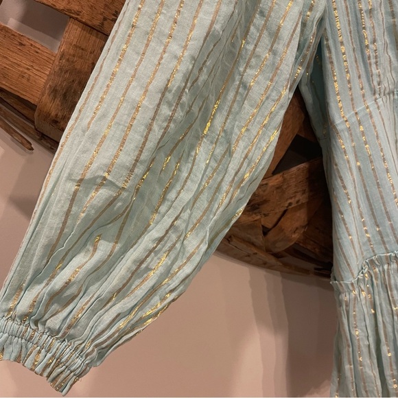 Karina Grimaldi Light Blue & Gold Metallic Stripe Cotton Mini Dress Size Large - Picture 3 of 12
